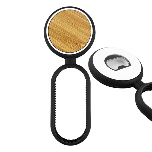 A drink bottle opener in black with a bamboo top, featuring a logo and a rubber grip for easy handling.