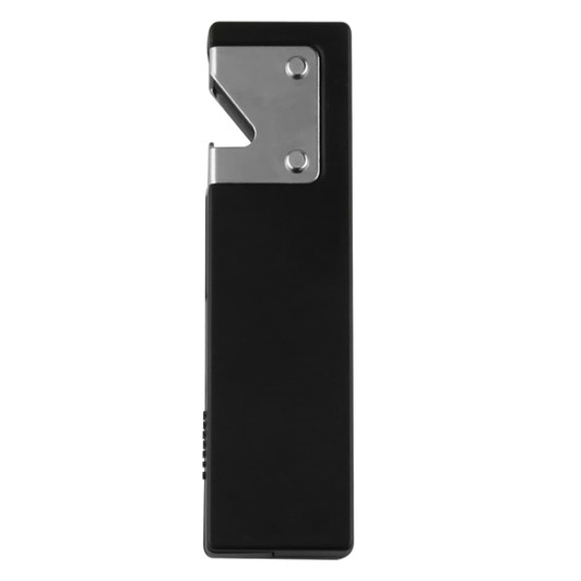 A black 3-in-1 bottle opener with a shiny metal opener section and a compact design, featuring a logo.
