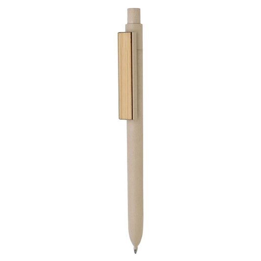 A bamboo fibre pen in off-white colour with a wooden clip and a simple design. It features a logo on the barrel.