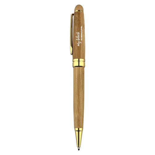 A bamboo pen with a gold clip and accents, featuring a logo on the barrel.