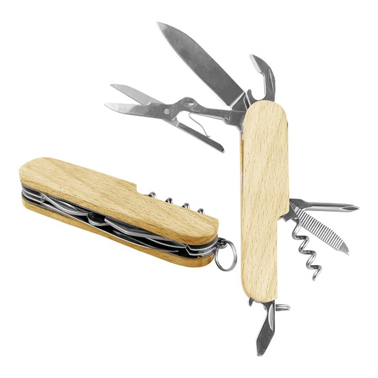 A wooden multi-tool knife featuring scissors, a corkscrew, and various blades, with a keyring attachment.