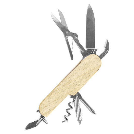 A compact multi-tool with a wooden handle, featuring various metal implements like scissors, a knife, and a corkscrew.