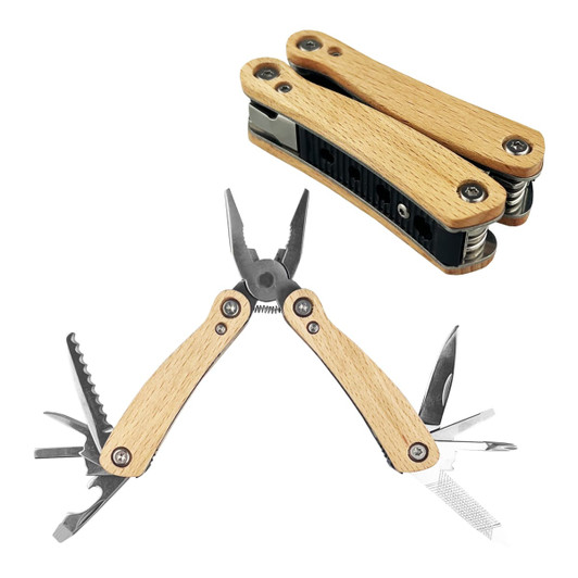 A compact multi-tool with wooden handles, featuring pliers and various tools folded into a sleek design.