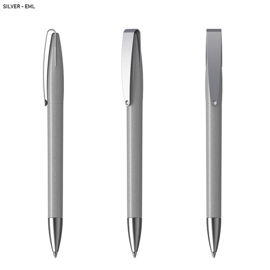 A silver pen with a metallic finish, featuring a clip and smooth writing tip. Includes a logo near the top.