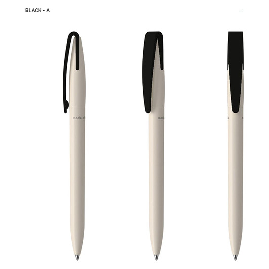 A pen in cream colour featuring a black cap and clip, with a simple design and logo branding.