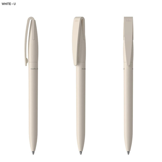 A pen in a soft white colour with a sleek design and a clip, featuring a logo on its side.
