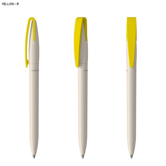 A set of three pens in cream with yellow clips, featuring a logo on the body.
