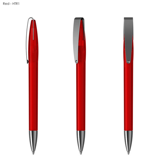 A set of three red plastic pens featuring a shiny silver clip and a sleek design. Branding is present.