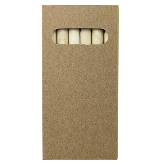 A pencil pack featuring several coloured pencils visible through a cut-out window on a brown cardboard cover.