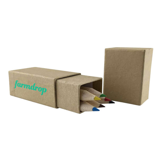 A cardboard box containing a set of coloured pencils in various shades, with a lid partially open.