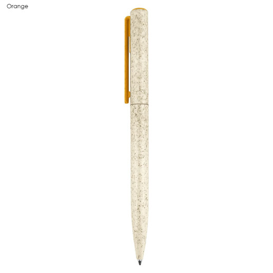 An orange and cream eco-friendly plastic pen featuring a yellow clip and a natural speckled design.