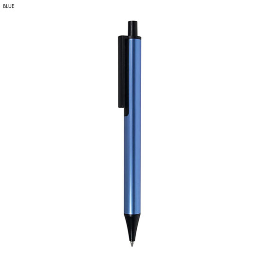 A blue metal pen with a black clip and a pointed tip, featuring a logo.