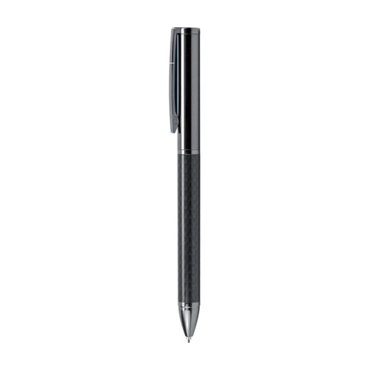A grey-lead pencil with a sleek black design featuring a carbon-patterned grip and a silver clip.