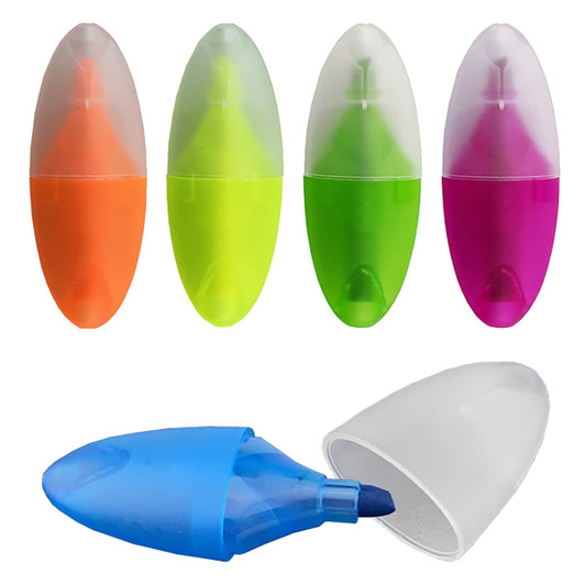 A set of mini highlighters in orange, yellow, green, pink, and blue, featuring rounded caps and a logo.