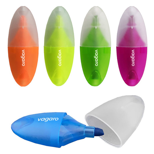Four mini highlighters in orange, green, pink, and blue, with a transparent casing, featuring a branding logo.