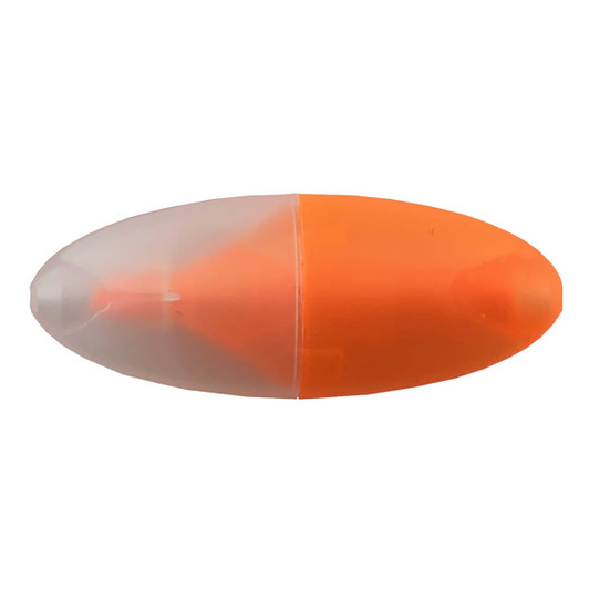 A miniature highlighter in orange with a translucent cap. The product has a sleek, rounded design and features a logo.