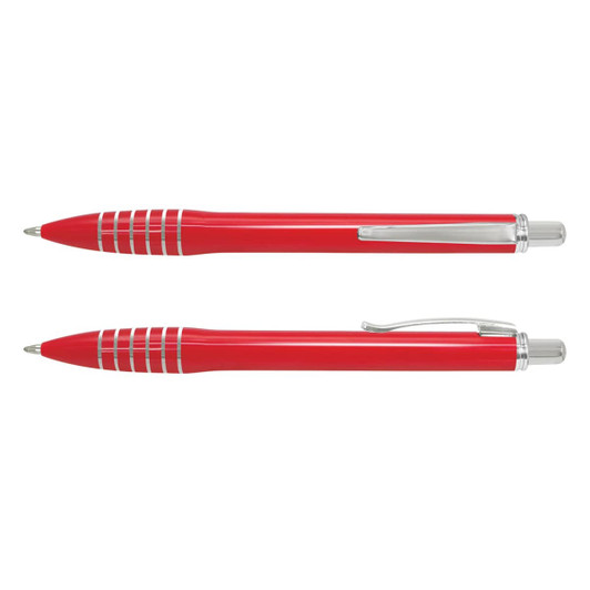 A metal pen in vibrant red with silver accents and a logo, featuring a sleek design and retractable tip.