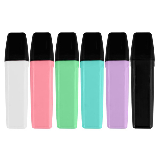 Six highlighters in a range of colours: white, pink, green, teal, purple, and black, each with a black cap.