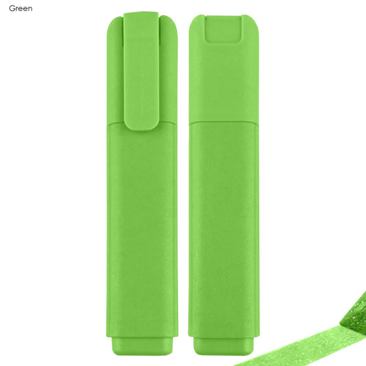 A green highlighter with a clip and a textured finish, featuring two views of the product.