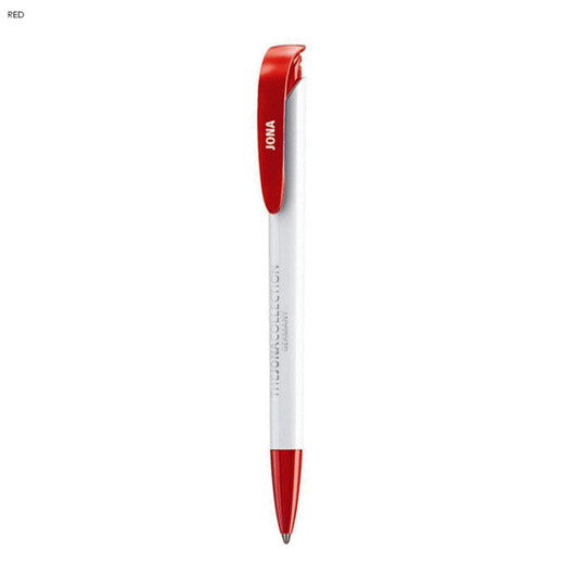 A plastic pen in white with a red clip and red tip, featuring a logo on the barrel.