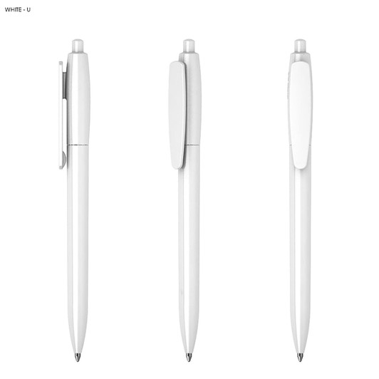 A plastic pen in white, featuring a sleek design and a clip on the side, with a visible logo.