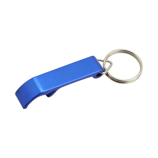 A drink bottle opener key ring in bright blue, featuring a sleek design and a metal ring for keys.