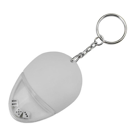 A drink bottle opener key ring in white, featuring a rounded design with a transparent section showing dice inside.