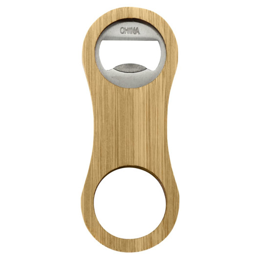 A drink bottle opener key ring made from bamboo with a stainless steel opener, featuring a simple design and a logo.