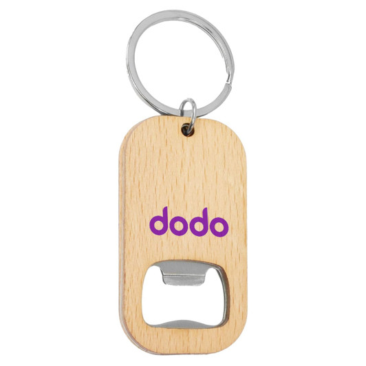 A drink bottle opener keyring in natural wood with a metal opener and a logo in purple.