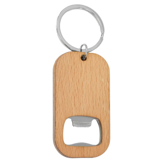 A drink bottle opener key ring made of bamboo with a silver metal opener and a keyring attachment.