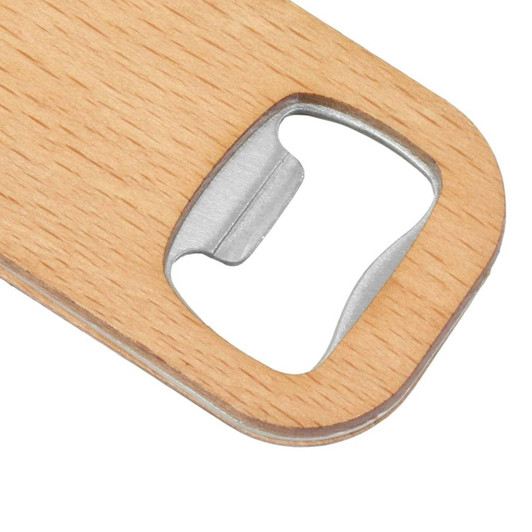 A drink bottle opener key ring in a light bamboo finish with a metal opening mechanism.