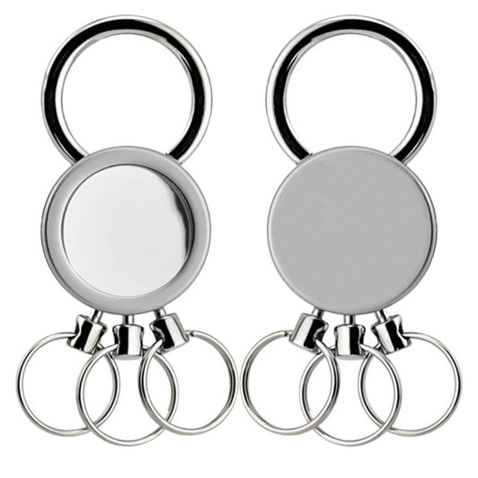 A multi ring key ring in silver, featuring multiple key rings and a smooth, circular body with a logo.