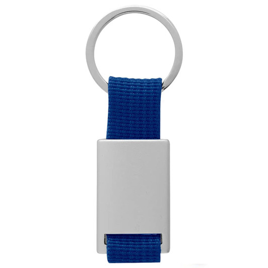 A blue band key ring featuring a silver rectangular attachment and a metal ring for keys.