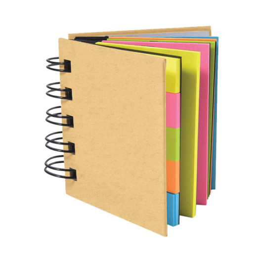 A notepad with a brown cover and colourful pages, featuring a spiral binding and multiple tabs in pink, orange, and blue.