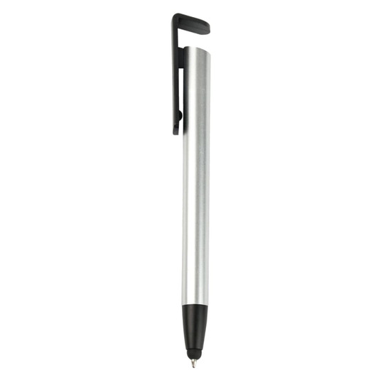 A stylus pen with a metallic silver body, black tip, and a black clip, featuring branding.
