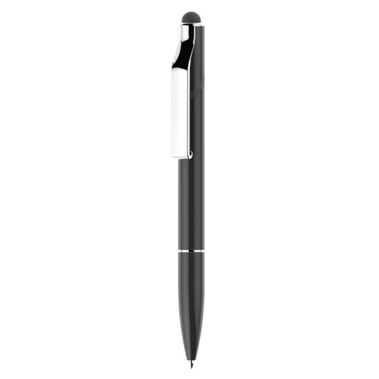A black metal stylus pen with a twist mechanism and a silver clip, featuring a stylus tip on one end.