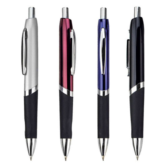 A collection of four metal pens in silver, pink, blue, and black with rubber grips, featuring branding.