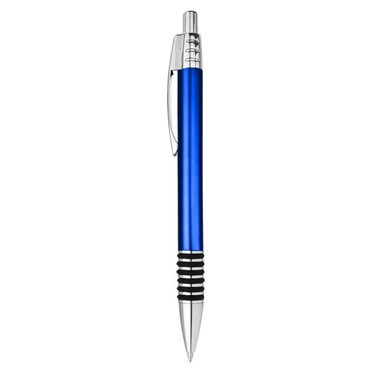 A metal pen in vibrant blue with a chrome clip and black grip. It features a logo on the body.