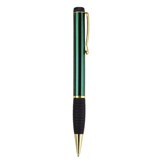 A green and black metal pen with gold accents and a textured grip. The pen features a logo on its body.