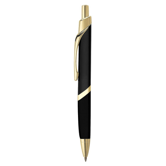 A sleek black metal pen with gold accents and a clip, featuring a simple logo on the side.