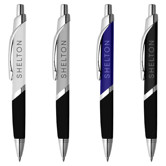 A set of four metal pens featuring silver, black, and blue designs, each with a branding logo.