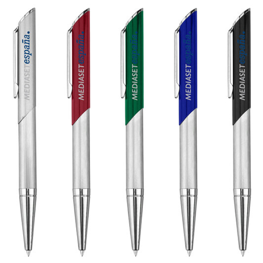 A collection of metal pens in silver, red, green, blue, and black, each featuring a logo.
