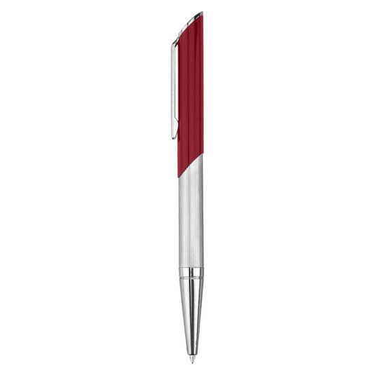 A metal pen featuring a red and silver design, with a sleek body and clip. It has a branding logo.