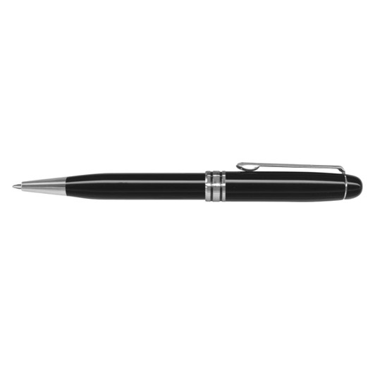 A metal pen featuring a sleek black design with silver accents and a clip.