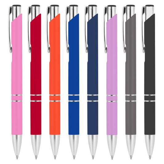 A selection of metal pens in pink, red, orange, blue, purple, and grey, each featuring a logo.