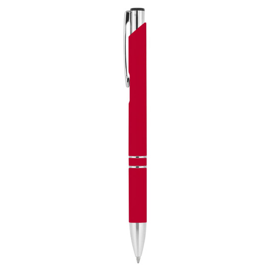 A red metal pen with a rubberised grip and chrome accents, featuring a clip and a branding logo.