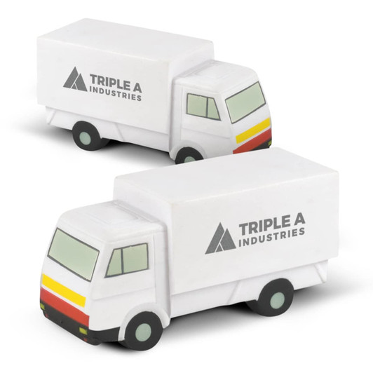 Two small, white stress relief trucks with black and yellow accents and a logo on the side.