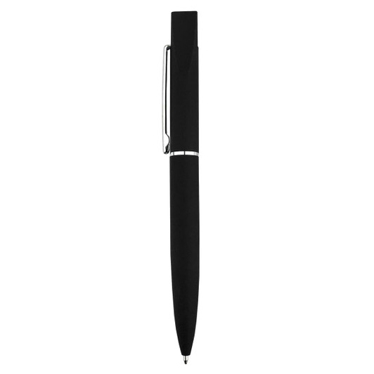 A metal pen in sleek black with a shiny silver clip and accents, featuring a minimalist design.