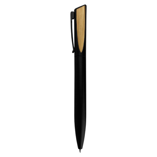 A metal pen in black with a wooden accent, featuring a clip and a sleek design. It includes a branding logo.