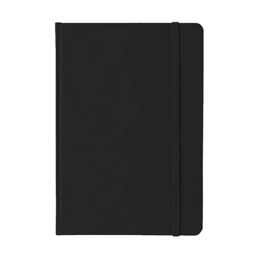 A5 PU notebook in black with a textured cover and an elastic band closure. Features a logo on the front.